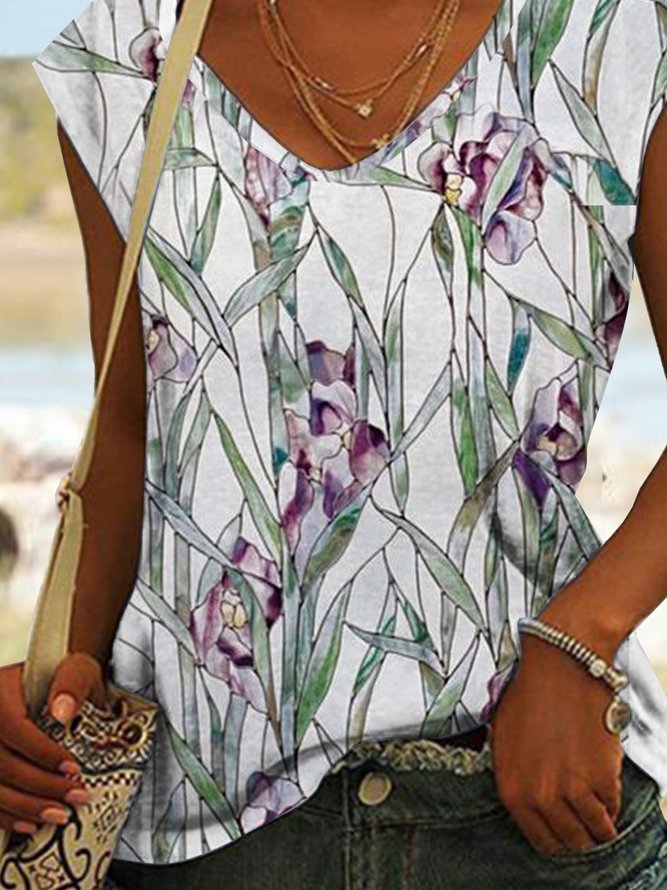 Geometrisch Blumenmuster Urlaub Strand Weit Ärmellos Oberteile T-Shirt Große Größen
