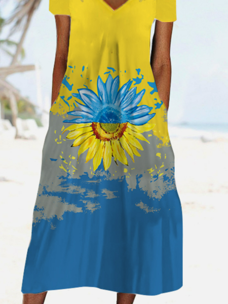 Urlaub Farbblock Sonnenblume Kurzarm Stricken Kleid