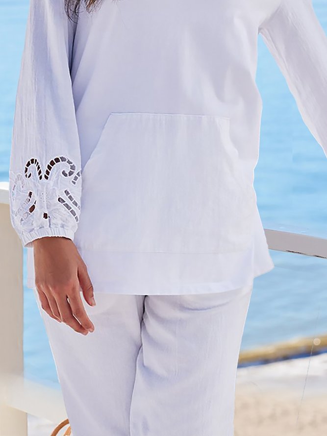 Strand Urlaub V-Ausschnitt Langarm Unifarben Baumwolle Blusen & Shirts
