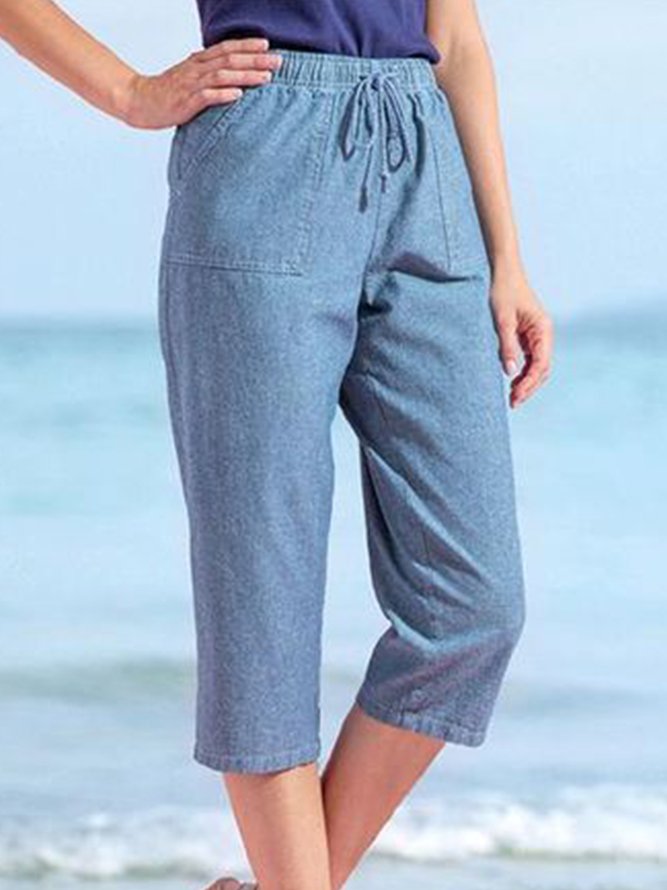 Waschen Denim Unifarben Elastische Taille Tasche Weit Hosen Capri Große Größen