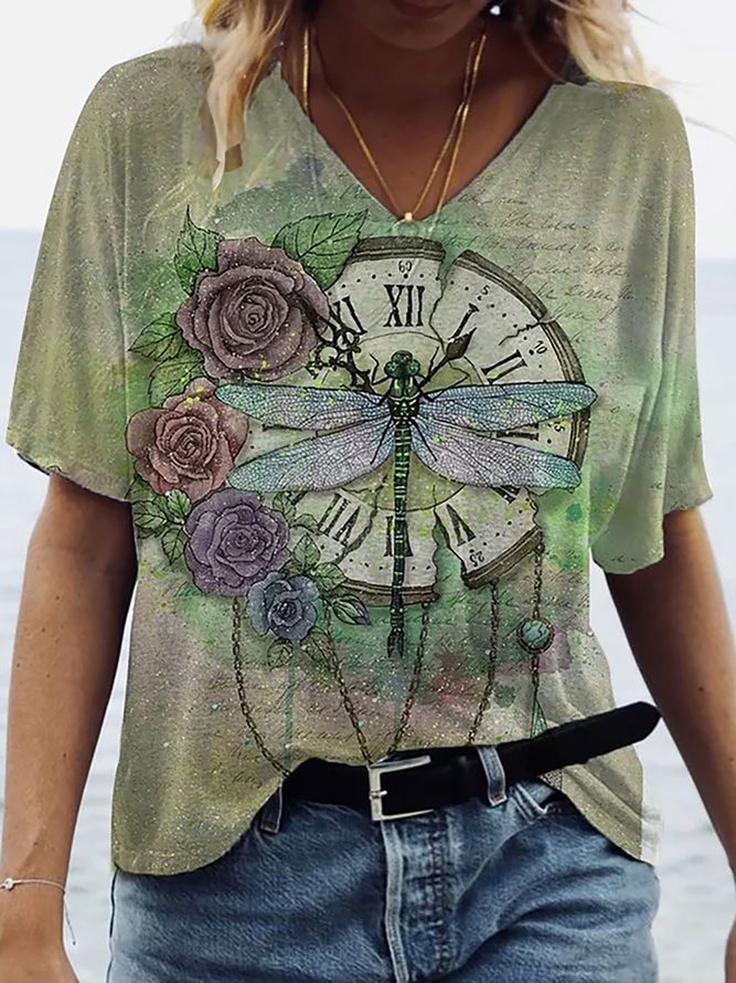 Retro Libelle Entwurf Weit Kurzarm T-Shirt