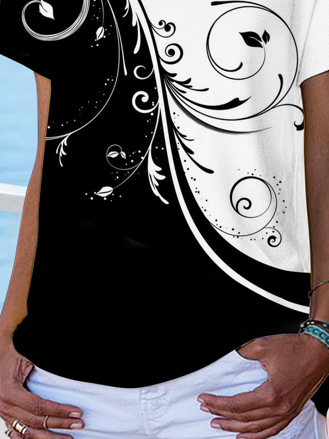 Asymmetrisch Ausschnitt Schwarz und Weiß Kontrast Weit Oberteile T-Shirt Große Größen