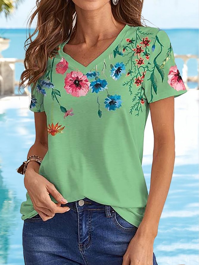 Lässig Urlaub Blumenmuster Kurzarm V-Ausschnitt T-Shirt