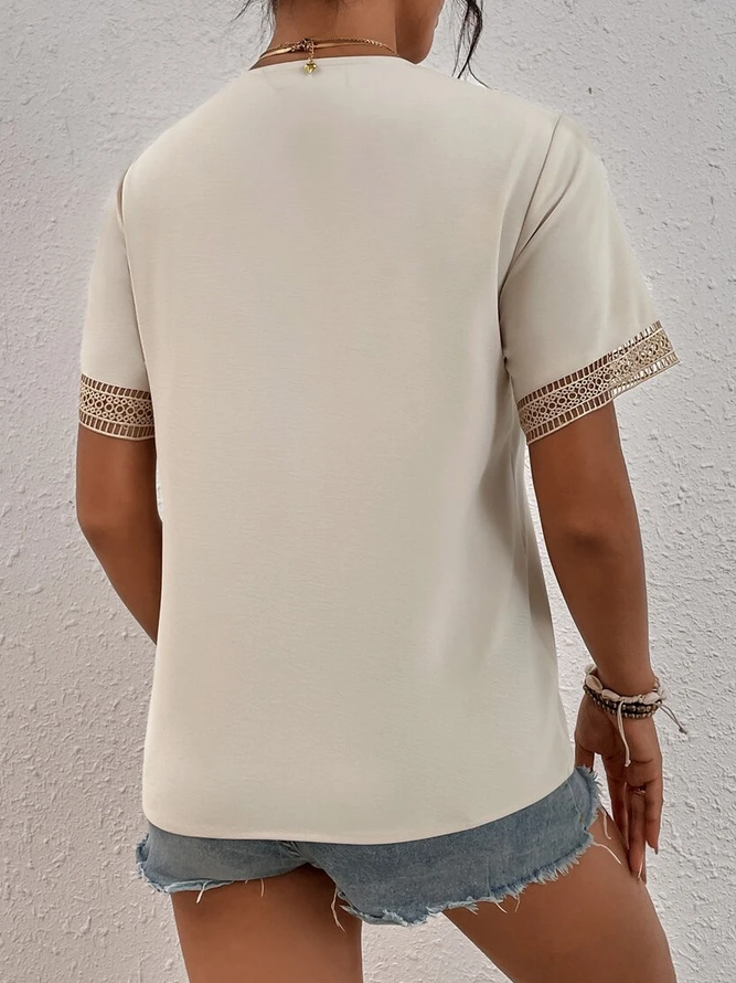 Unifarben Lässig V-Ausschnitt Spitze Blusen & Shirts