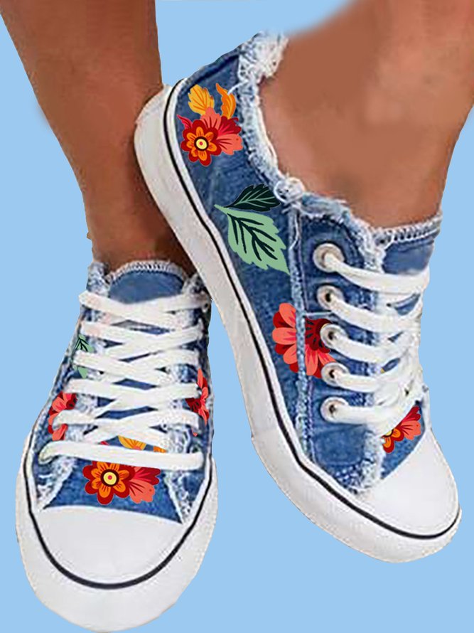 Geblümt Blätter Schnürung Sneakers Denim Sneakers