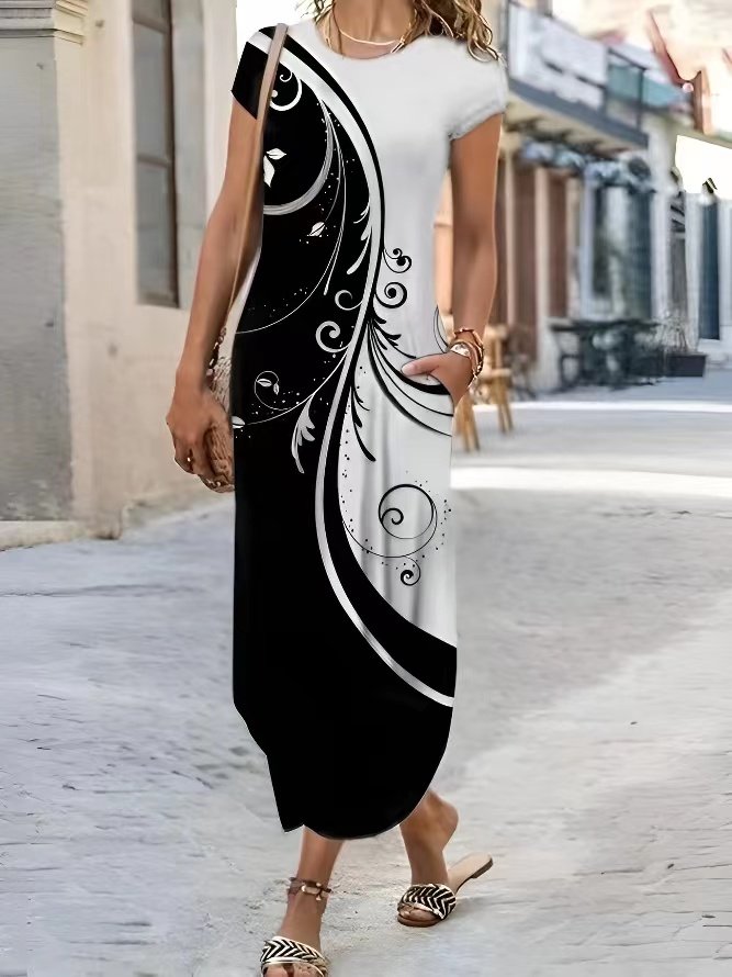 Schwarz und Weiß Klassisch Kontrast Farbe Split Weit Lang Kleid Große Größen