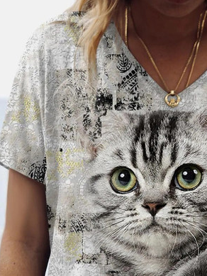 Süß Katze Print V-Ausschnitt Weit T-Shirt