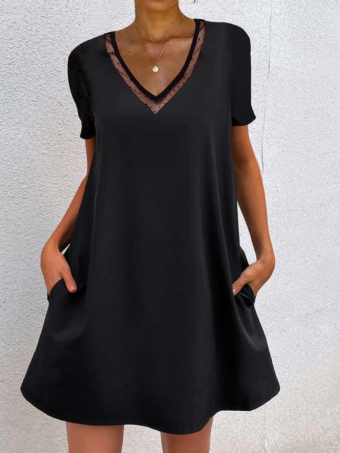 Schwarz V-Ausschnitt Kurzarm Weit Kleid