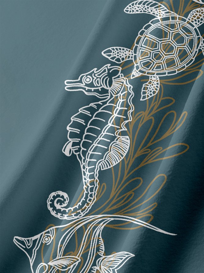 Urlaub Stil Hawaii Serie Schildkröte Korallenfarbe Element Muster Revers Kurzarm Brusttasche Bluse Print Oberteile