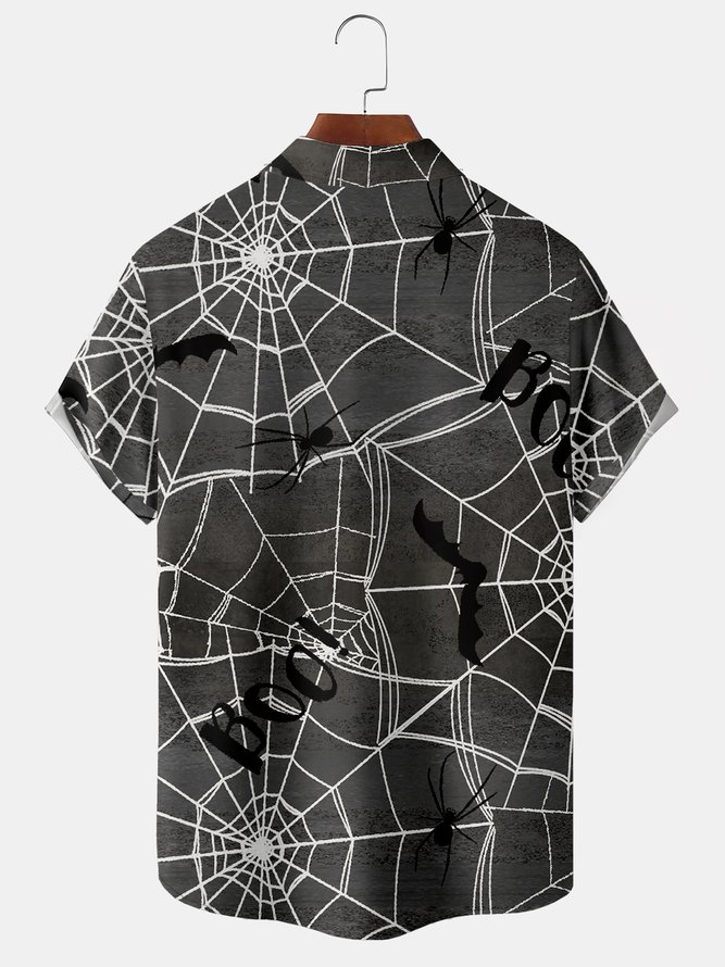Retro Stil Festival Serie Halloween Spinne Element Muster Revers Kurzarm Brust Tasche Bluse Print Oberteile
