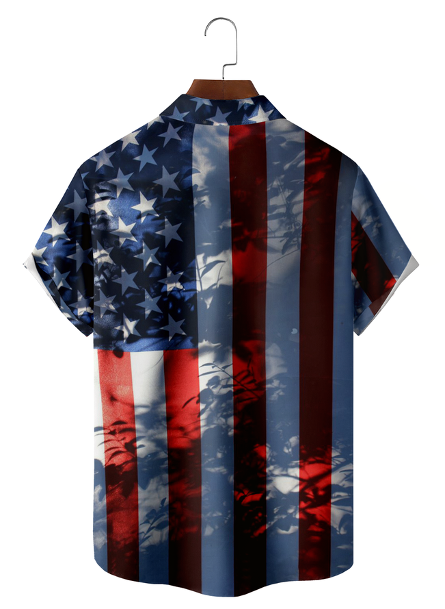 Retro festlich Sammlung amerikanisch Flagge Muster Revers Kurzarm Brusttasche Bluse Print Oberteile