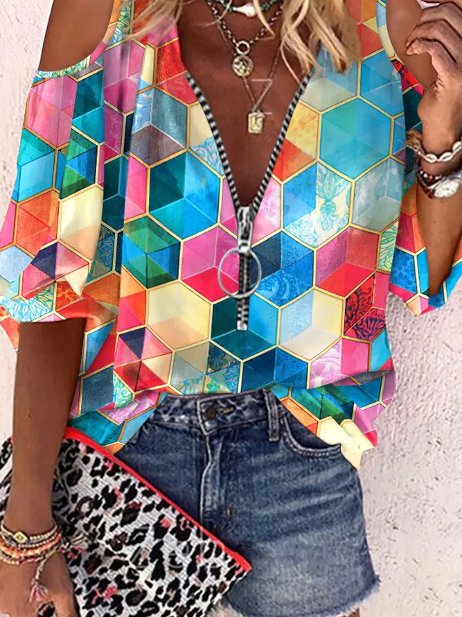 Lässig Geometrisch Print Schulterfrei Bluse