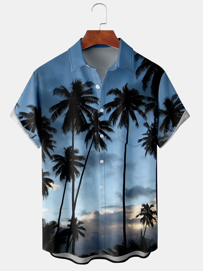 Urlaub Stil Hawaii Serie Farbverlauf Landschaft Pflanze Kokosnuss Baum Element Muster Revers Kurzarm Brusttasche Bluse Print Oberteile