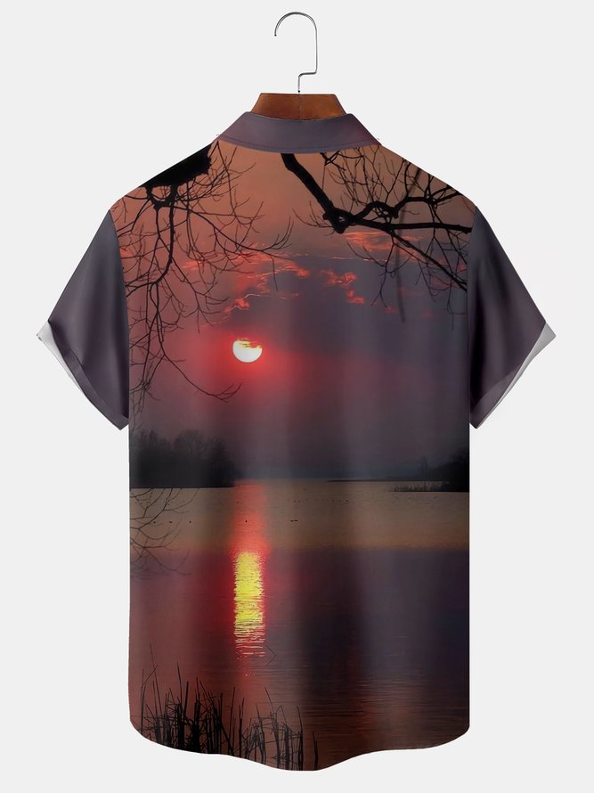 Urlaub Hawaiische Sammlung Sonnenuntergang Landschaft Farbverlauf Element Muster Revers Kurzarm Print Bluse Oberteile