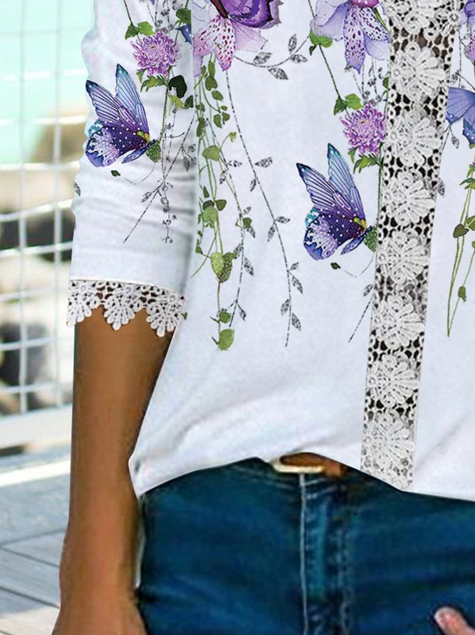 Schmetterling Blume Spitze Oberteile T-Shirt Große Größen
