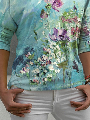 Lässig Malerei Asymmetrisch Geblümt T-Shirt