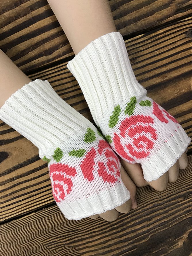 Rosa Blume Hand Strick Hälfte Finger Handschuhe Warm Handschuhe