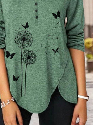 Lässig Herbst Löwenzahn Polyester V-Ausschnitt Täglich Regelmäßige Passform Knöpfe Mittel Elastizität T-Shirt für Damen