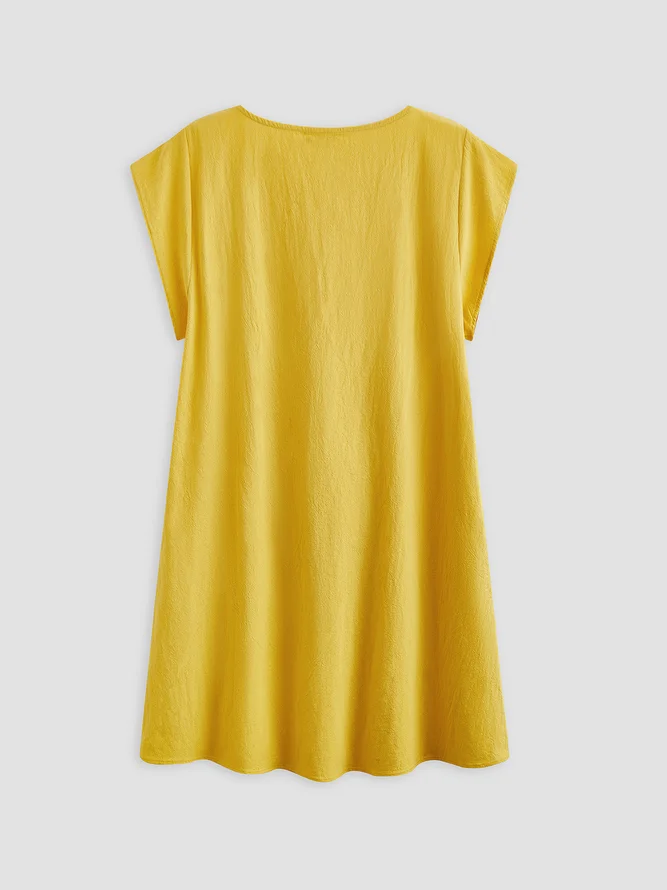 Gelb Flügelärmel Baumwolle Leinen Normal Kleid