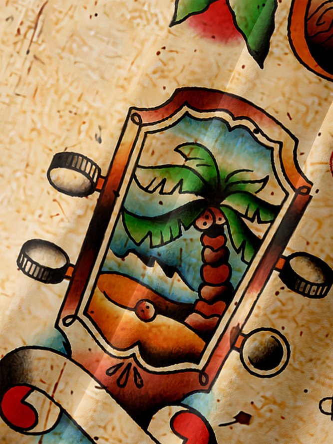 Urlaub Stil Hawaiische Serie Farbverlauf Farbe Hula Mädchen Kokosnuss Baum Element Muster Revers Kurzarm Brusttasche Bluse Print Oberteile