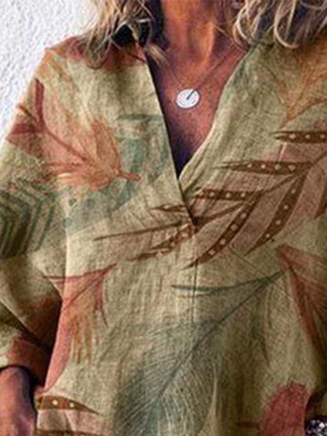 Lässig Blätter Herbst Polyester V-Ausschnitt Nein Elastizität Weit Langarm T-Linie Blusen & Shirts für Damen