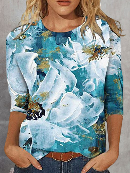 Lässig Öl Malerei Geblümt Rundhals Pullover T-Shirt