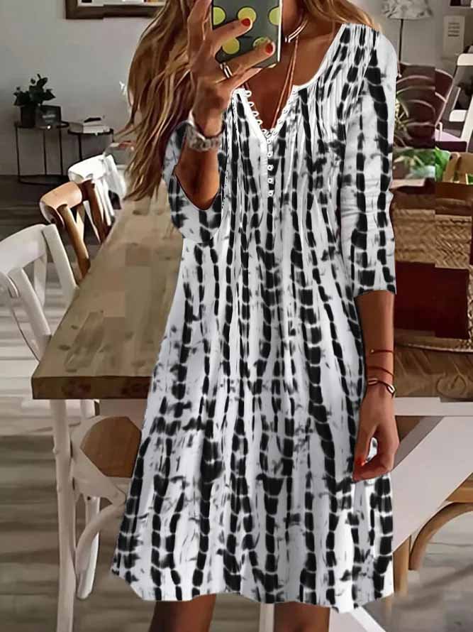Damen Geometrisch Lässig Herbst Täglich Jersey Midi Langarm A-Linien Regelmäßig Größe Kleider