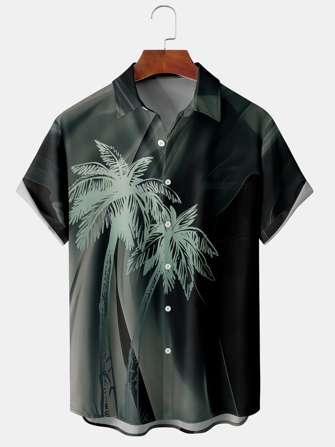 Urlaub Stil Hawaii Serie Farbverlauf Farbe Geometrisch Streifen Pflanze Kokosnuss Baum Element Muster Revers Kurzarm Brusttasche Bluse Print Oberteile