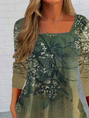 Lässig Geblümt Herbst Polyester Karree Täglich Regelmäßig Mittel Elastizität Regelmäßig Größe Blusen & Shirts für Damen