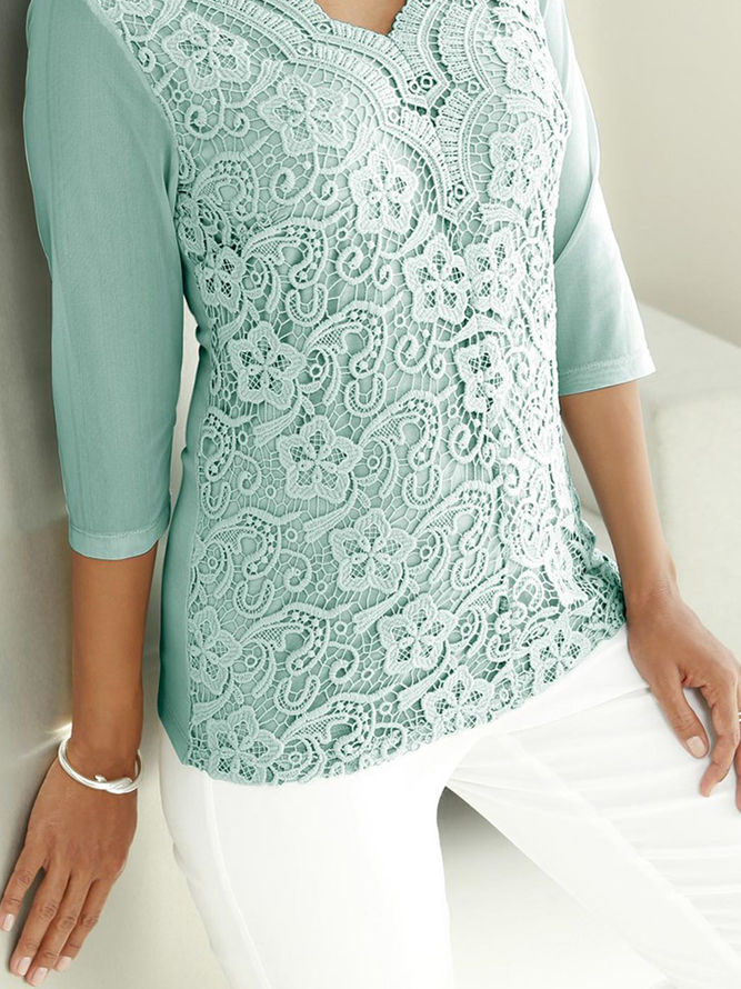 Damen Lässig Unifarben Herbst Spitze Mikroelastizität Täglich Regelmäßige Passform Regelmäßig Regelmäßig Größe Blusen & Shirts