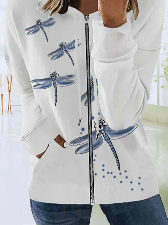 Lässig Herbst Libelle Kapuze Reißverschluss Täglich Regelmäßig H-Linie Regelmäßig Größe Jacke für Damen