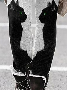 Lässig Herbst Katze Polyester Mikroelastizität Regelmäßige Passform Lang H-Linie Regelmäßig Größe Leggings für Damen