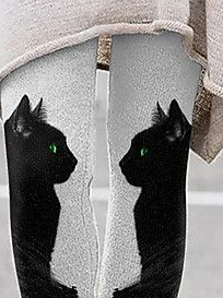Lässig Herbst Katze Polyester Mikroelastizität Regelmäßige Passform Lang H-Linie Regelmäßig Größe Leggings für Damen