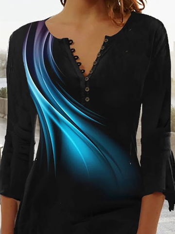 Damen Lässig Farbverlauf Herbst V-Ausschnitt Täglich Weit Jersey Regelmäßig Mittel Elastizität Blusen & Shirts