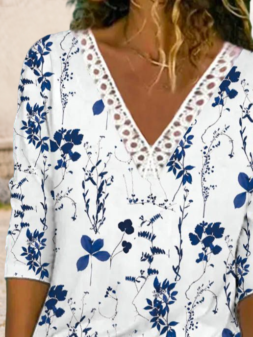 Damen Lässig Geblümt Herbst V-Ausschnitt Täglich Jersey Langarm Regelmäßig Regelmäßig Größe T-Shirt
