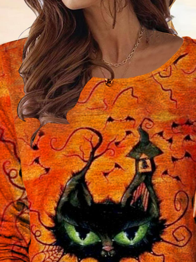 Lässig Herbst Katze Jersey Halloween Langarm H-Linie Regelmäßig Mittel Elastizität Blusen & Shirts für Damen