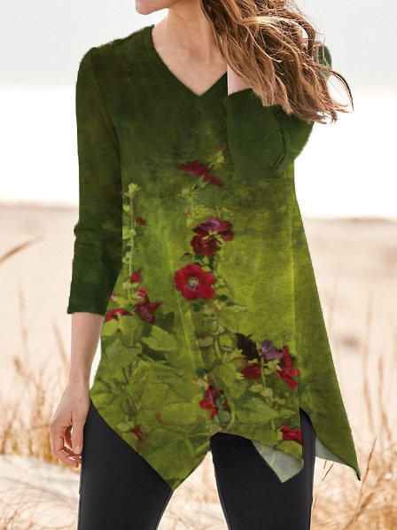 Lässig Geblümt Herbst Täglich Weit Jersey H-Linie Regelmäßig Regelmäßig Größe Blusen & Shirts für Damen
