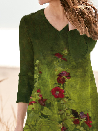 Lässig Geblümt Herbst Täglich Weit Jersey H-Linie Regelmäßig Regelmäßig Größe Blusen & Shirts für Damen