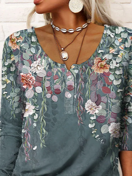 Damen Lässig Geblümt Herbst Regelmäßige Passform Jersey Langarm Regelmäßig H-Linie Mittel Elastizität Blusen & Shirts