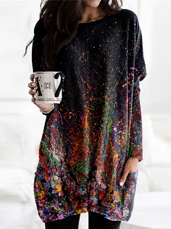 Lässig Farbverlauf Herbst Täglich Weit Baumwollmischung H-Linie Regelmäßig Mittel Elastizität Bluse Bedruckenn & Shirts für Damen