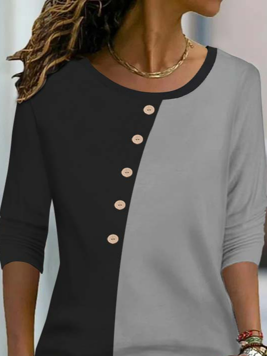 Damen Lässig Farbblock Herbst Polyester Langarm Rundhals Regelmäßig H-Linie Regelmäßig T-Shirt