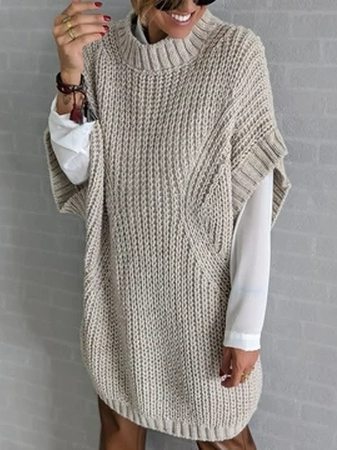 Lässig Unifarben Herbst Mikroelastizität Midi Halbarm Rundhals Wolle/Stricken Regelmäßig Kleider für Damen