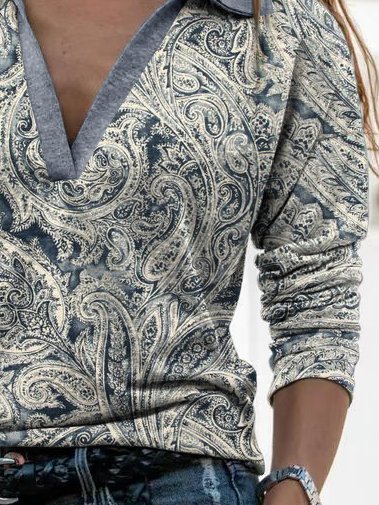 Damen Lässig Ethnisch Herbst V-Ausschnitt Mikroelastizität Langarm Regelmäßig H-Linie Regelmäßig Größe Blusen & Shirts