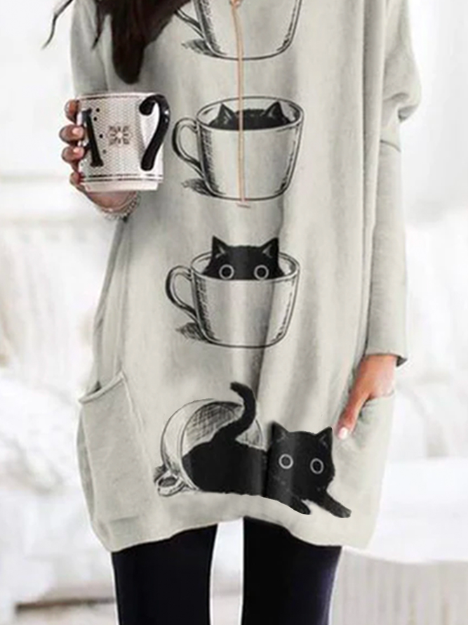 Damen Lässig Herbst Katze Polyester Weit Langarm Regelmäßig H-Linie Urlaub T-Shirt