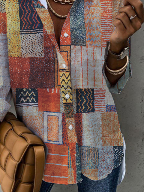 Geometrisch Lässig Herbst Polyester Leicht Nein Elastizität Weit H-Linie Regelmäßig Größe Bluse für Damen