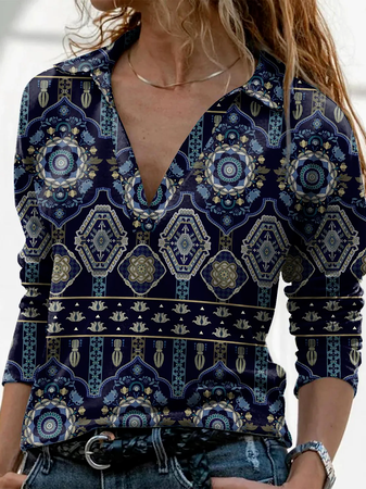 Lässig Ethnisch Herbst Täglich Regelmäßige Passform Langarm Regelmäßig H-Linie Regelmäßig Blusen & Shirts für Damen