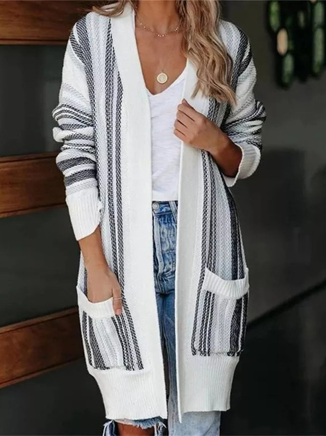 Gestreift Lässig Herbst Polyester Baumwolle Normal Täglich Weit H-Linie Regelmäßig Größe Pullover Mantel für Damen