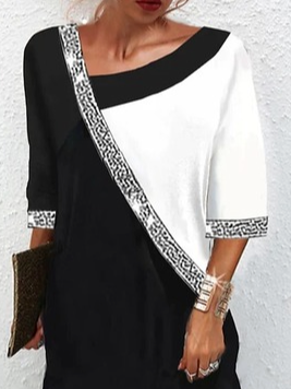 Farbblock Herbst Urban Normal Mikroelastizität Regelmäßige Passform Asymmetrisch T-Shirt Kleid Regelmäßig Kleider für Damen