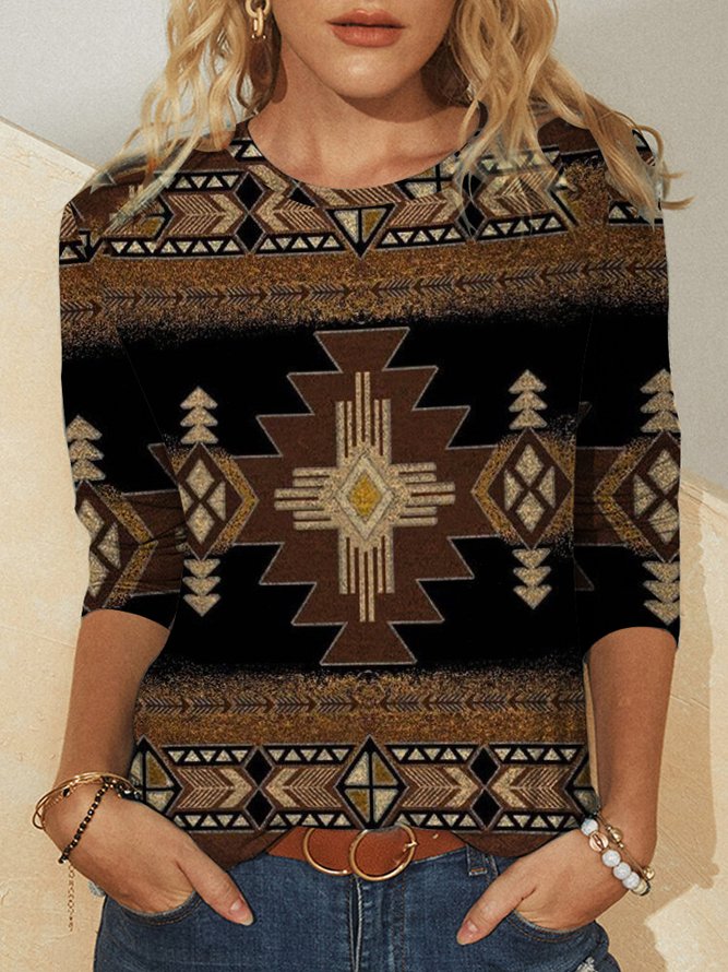 Lässig Ethnisch Herbst Täglich Jersey Langarm Rundhals Regelmäßig Regelmäßig T-Shirt für Damen