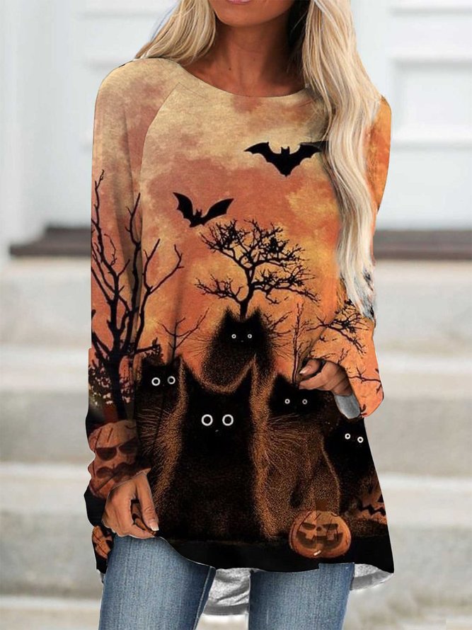 Damen Lässig Herbst Halloween Weit Langarm Rundhals Mittellang Regelmäßig Mittel Elastizität T-Shirt